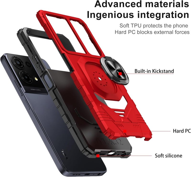 Mocotto for TCL K32/K33 5G 2025 Phone Case with Tempered Glass Screen Protector,Military Grade Shockproof Protective Cover,with Ring Kickstand (Red) - Image 3